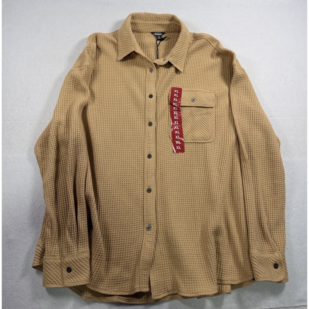 Buffalo Jeans Women's XL Waffle Button-Up Shirt Long Sleeve Solid Brown Tan Cozy